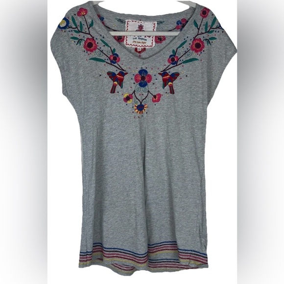 Johnny Was JW Los Angeles‎ Grey Floral Bird Embroidered Tshirt Dress Size S - Picture 1 of 8